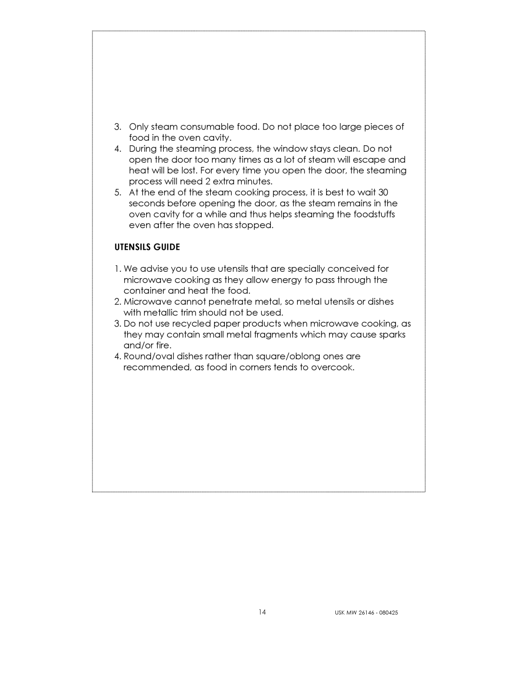 Kalorik USK MW 26146 manual Utensils Guide 