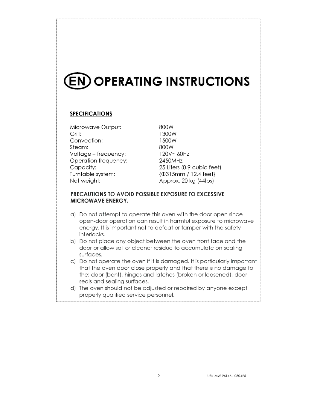 Kalorik USK MW 26146 manual Specifications 