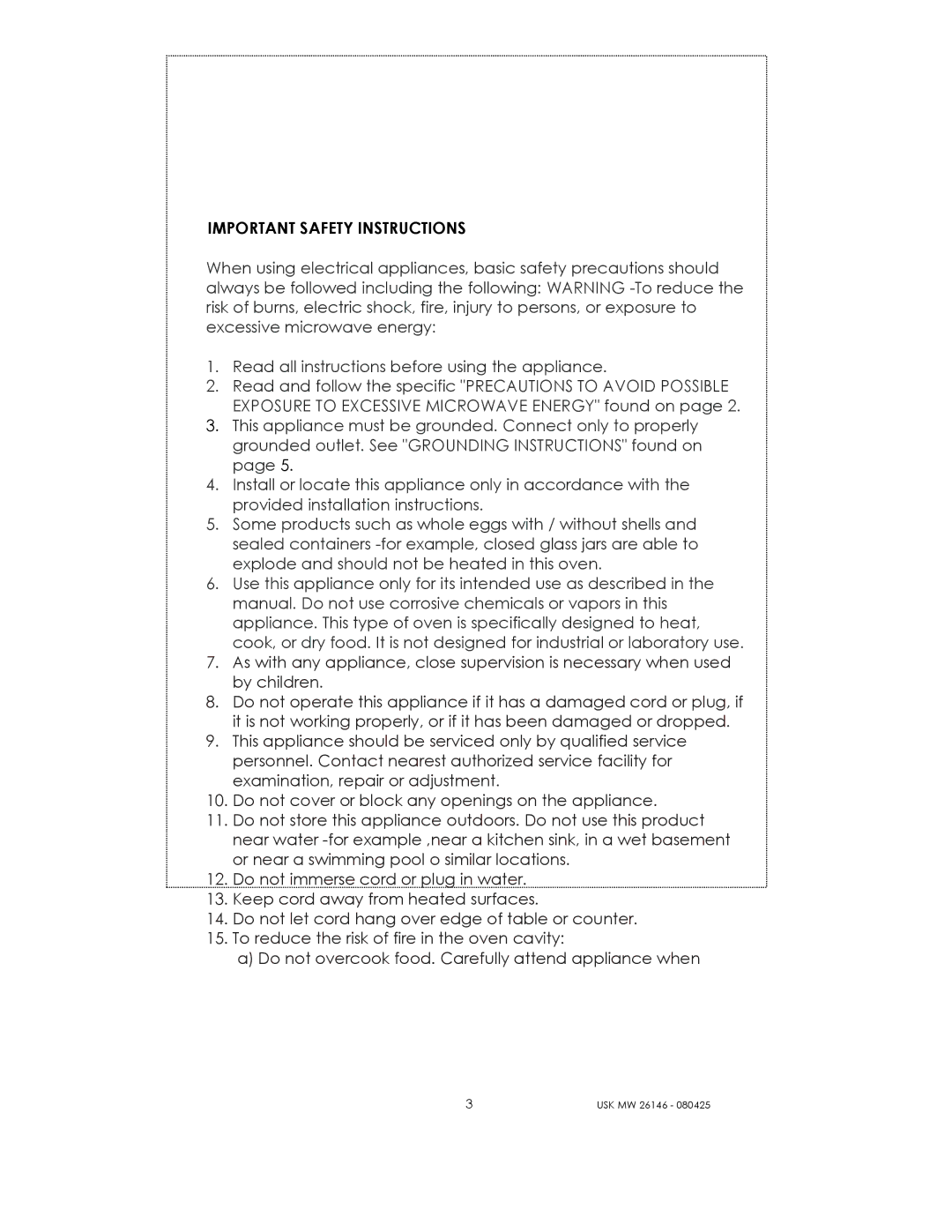 Kalorik USK MW 26146 manual Important Safety Instructions 