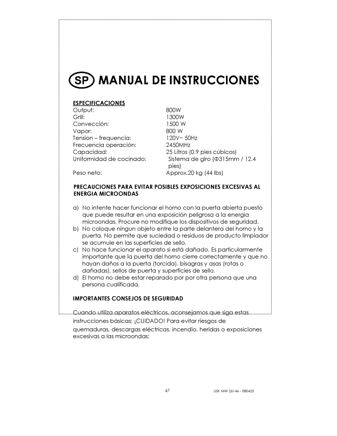 Kalorik USK MW 26146 manual Especificaciones, Importantes Consejos DE Seguridad 