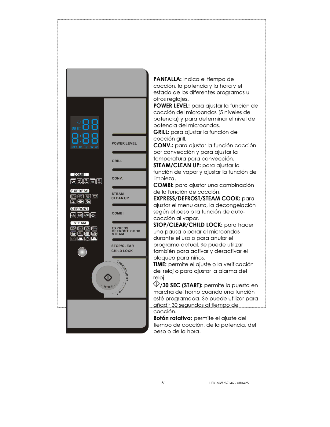 Kalorik USK MW 26146 manual EXPRESS/DEFROST/STEAM Cook para 