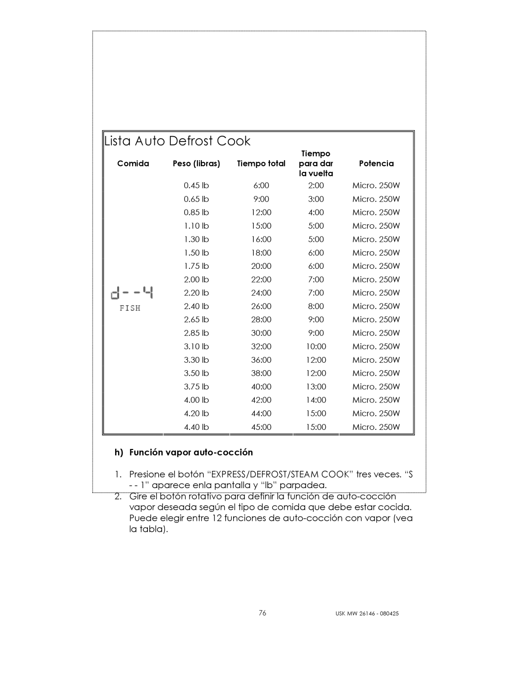 Kalorik USK MW 26146 manual Lista Auto Defrost Cook 