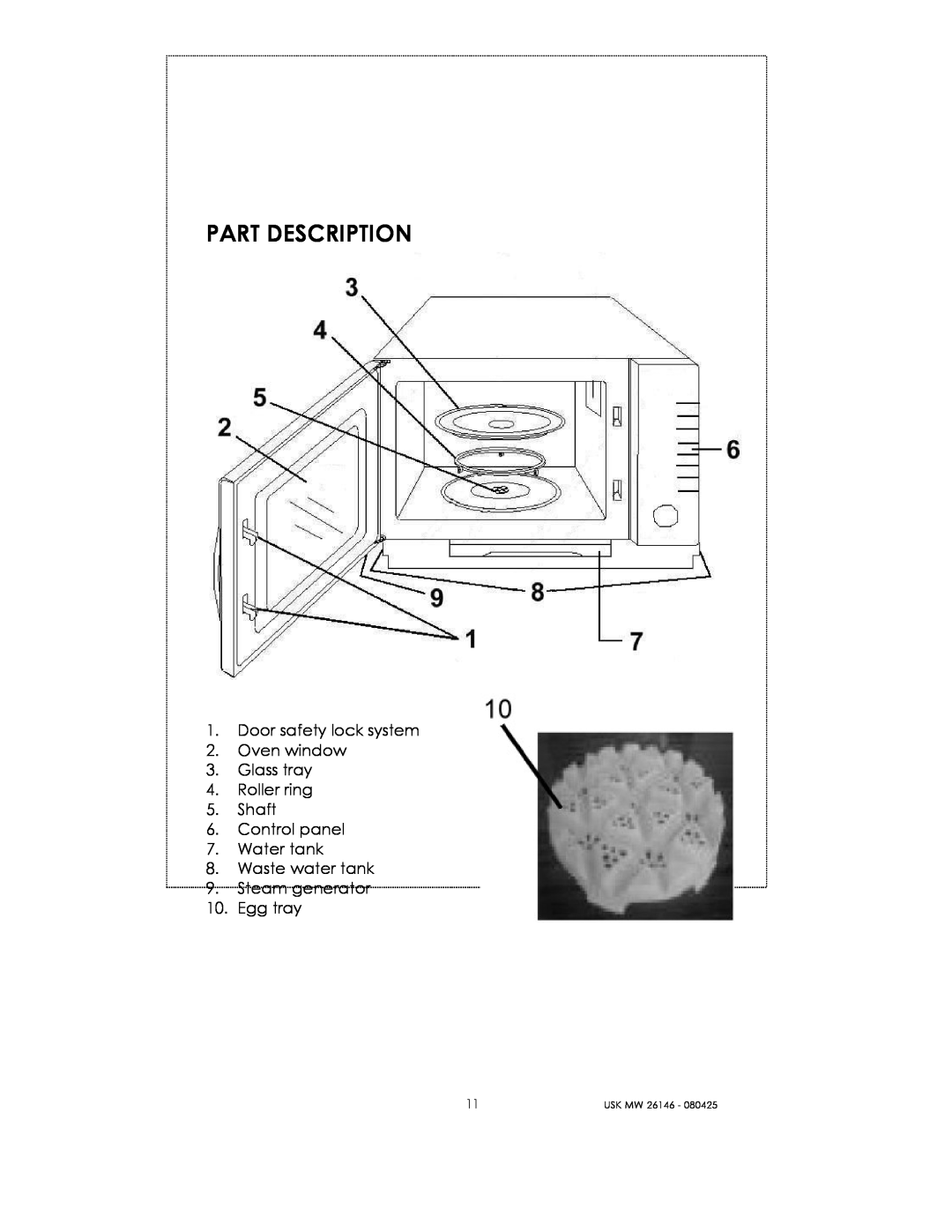 Kalorik USK MW 26146 manual Part Description, Door safety lock system 2. Oven window 3. Glass tray 
