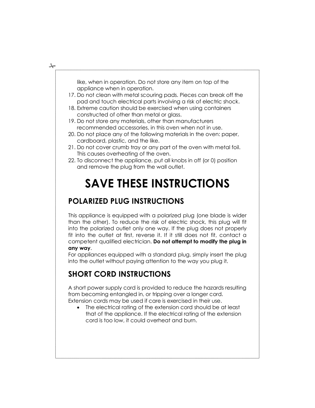 Kalorik USK OV 32091 manual Polarized Plug Instructions, Short Cord Instructions 