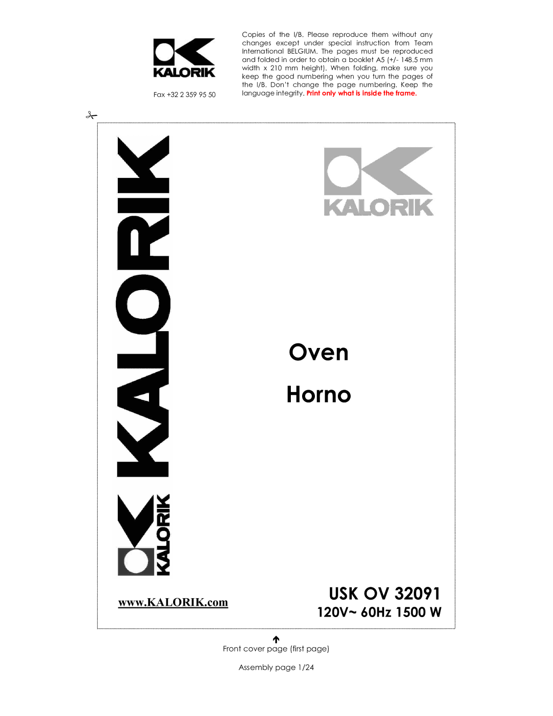 Kalorik USK OV 32091 manual Oven Horno, Front cover page first Assembly page 1/24 