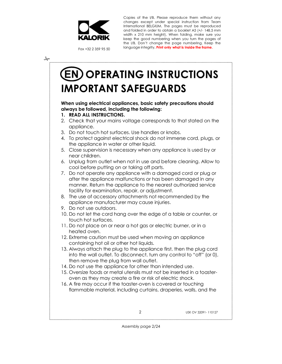 Kalorik USK OV 32091 manual Important Safeguards, Read ALL Instructions, Assembly page 2/24 