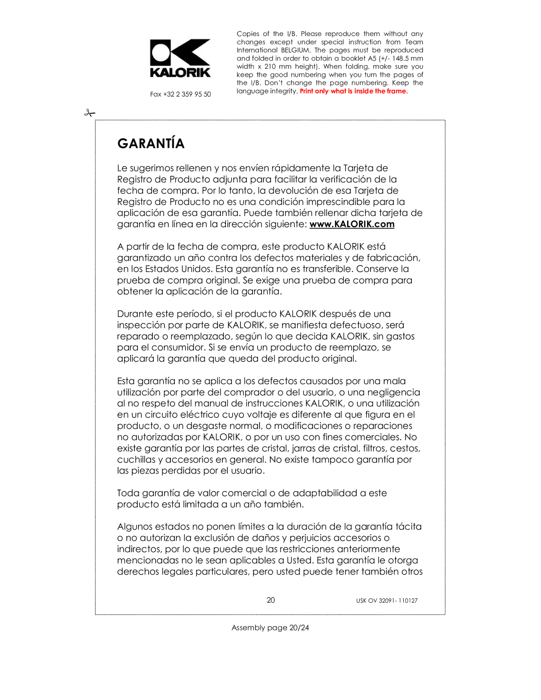 Kalorik USK OV 32091 manual Garantía, Assembly page 20/24 