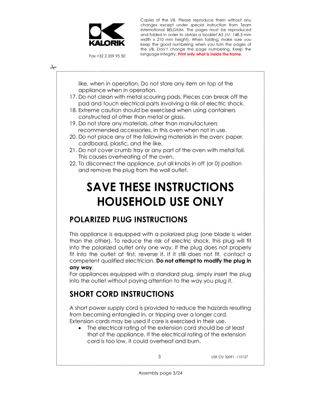 Kalorik USK OV 32091 manual Household USE only, Polarized Plug Instructions, Short Cord Instructions, Assembly page 3/24 