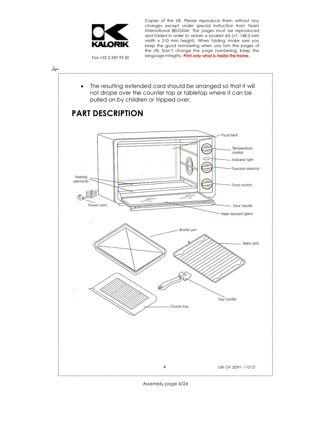 Kalorik USK OV 32091 manual Part Description, Assembly page 4/24 