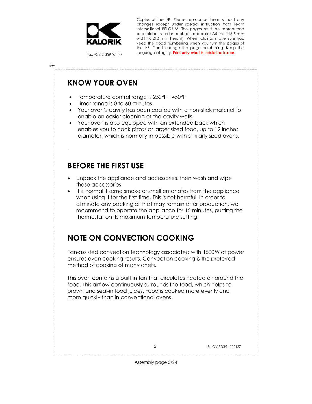 Kalorik USK OV 32091 manual Know Your Oven, Before the First USE, Assembly page 5/24 