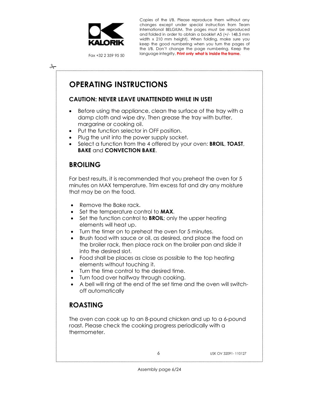 Kalorik USK OV 32091 manual Operating Instructions, Broiling, Roasting, Assembly page 6/24 