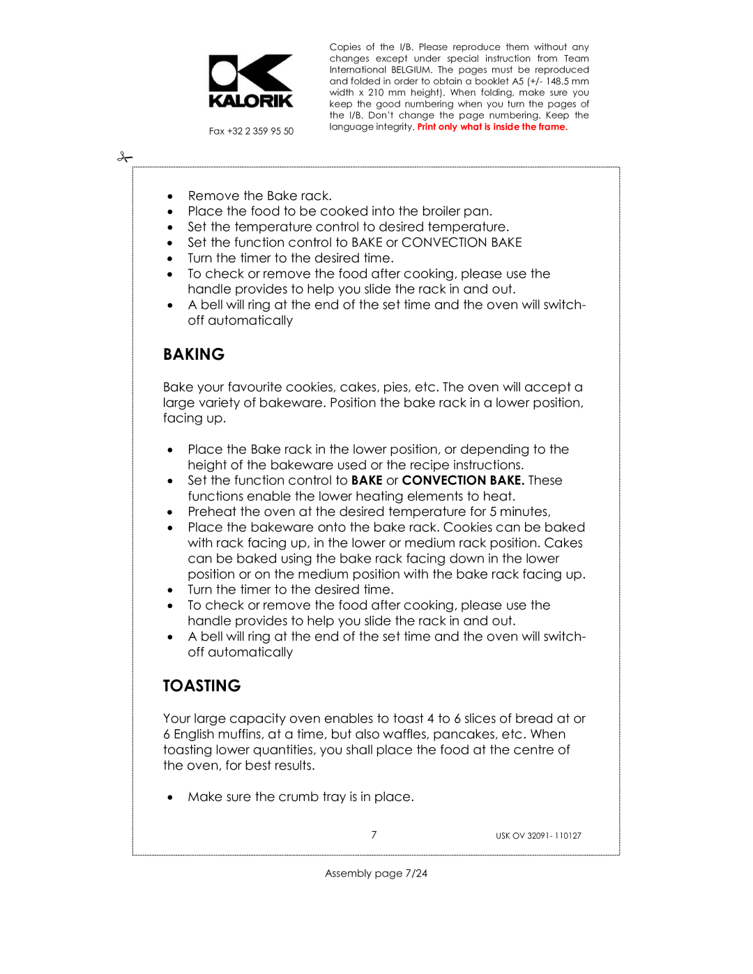 Kalorik USK OV 32091 manual Baking, Toasting, Assembly page 7/24 