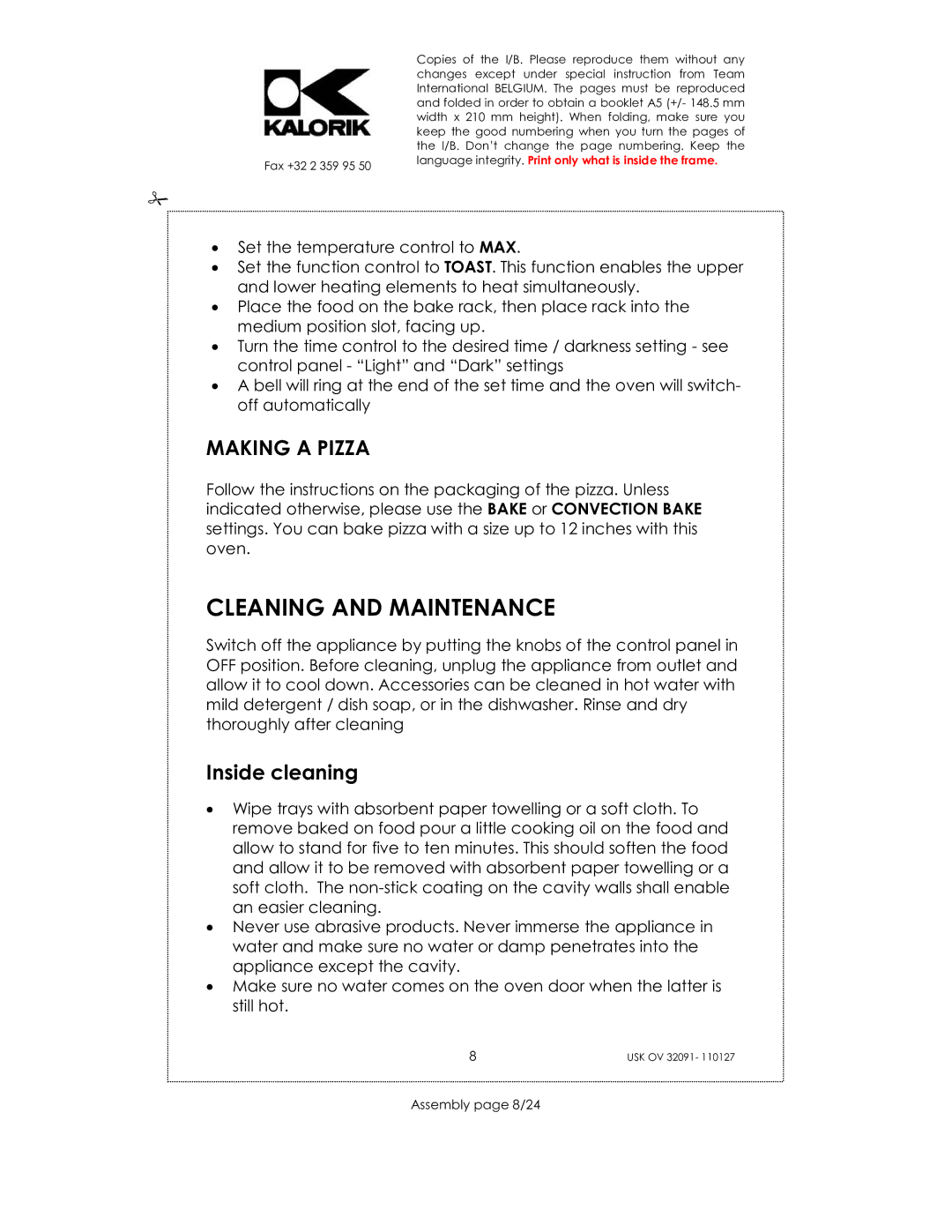 Kalorik USK OV 32091 manual Cleaning and Maintenance, Making a Pizza, Assembly page 8/24 