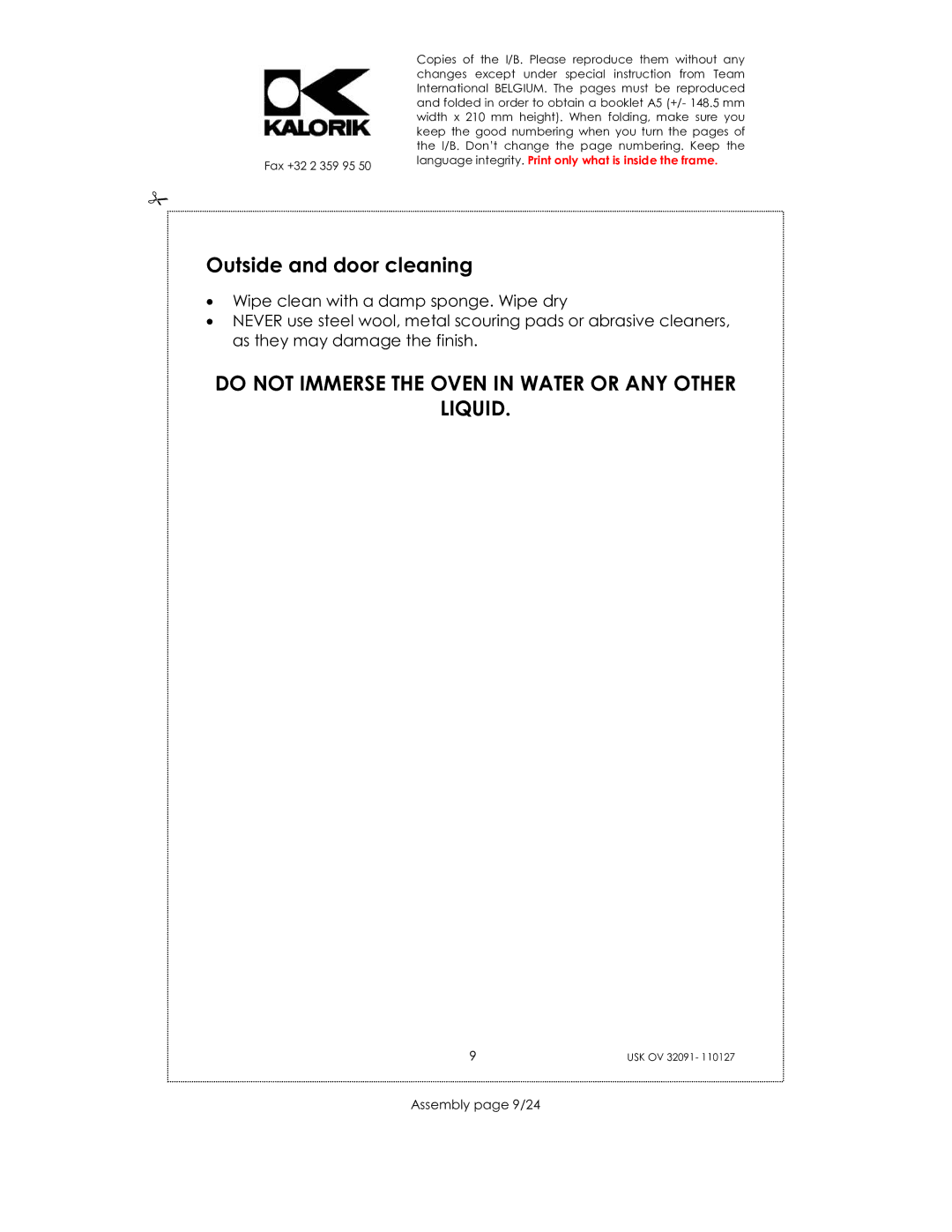 Kalorik USK OV 32091 manual Do not Immerse the Oven in Water or ANY Other Liquid, Assembly page 9/24 