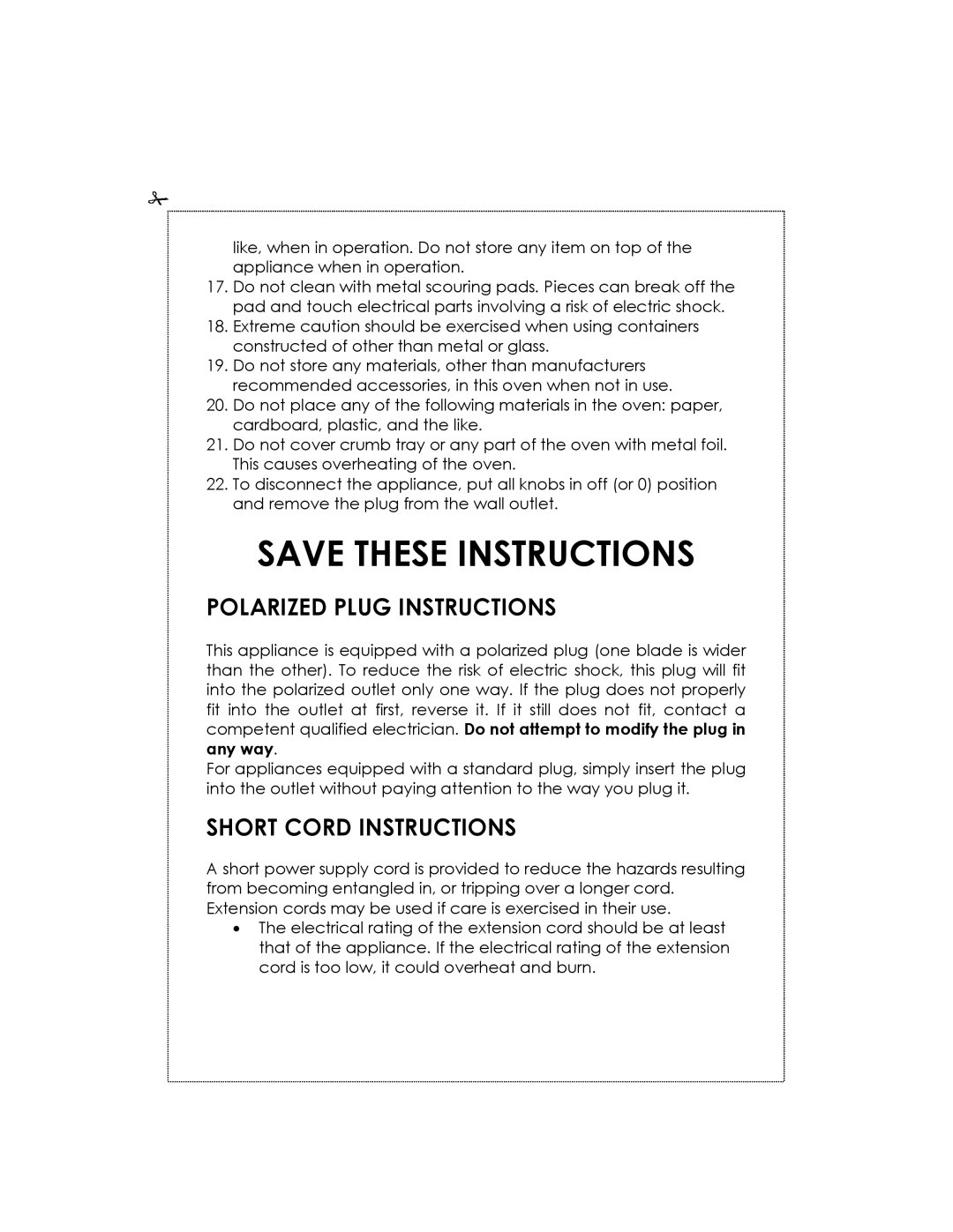 Kalorik USK OV 32091 manual Save These Instructions, Polarized Plug Instructions, Short Cord Instructions 
