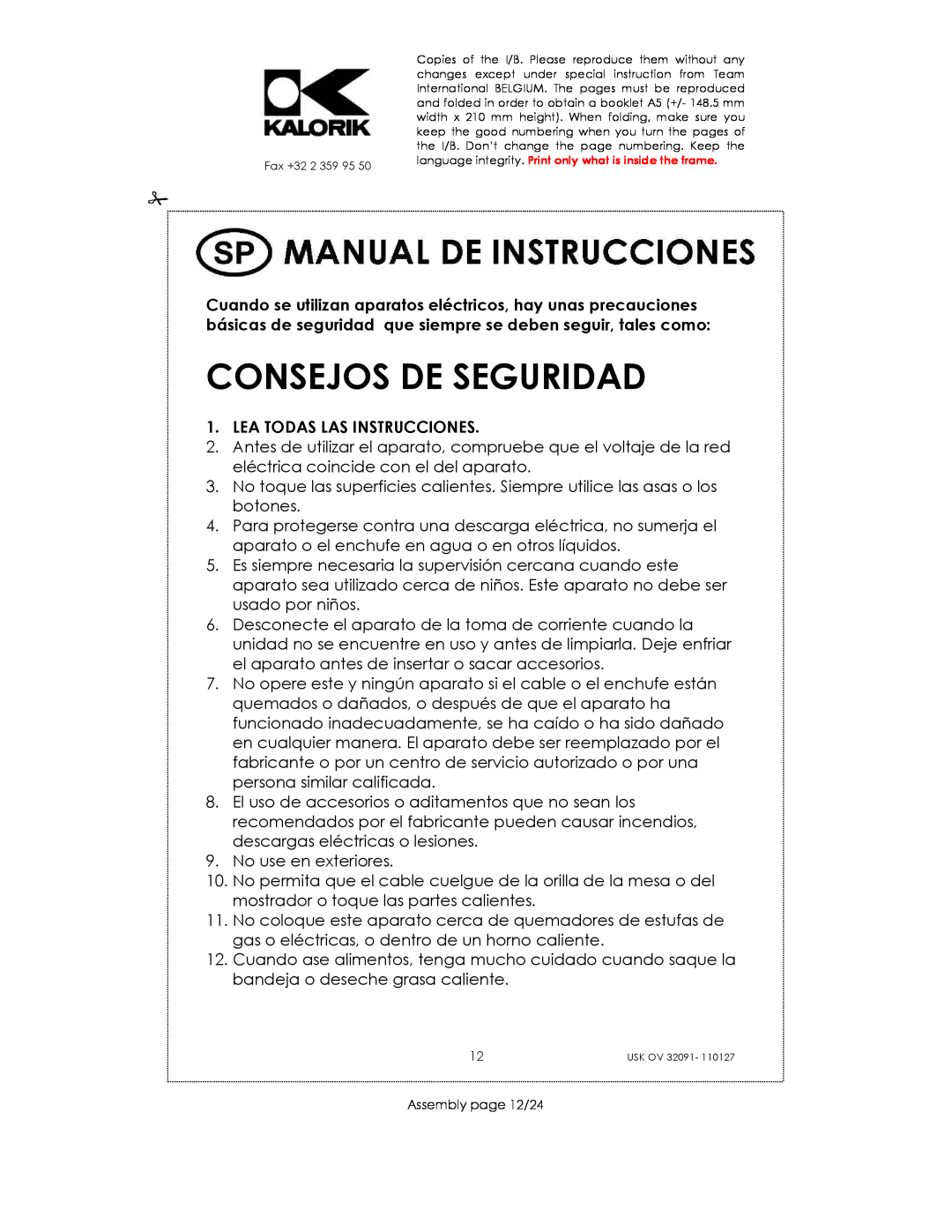 Kalorik USK OV 32091 manual Consejos De Seguridad, Lea Todas Las Instrucciones 