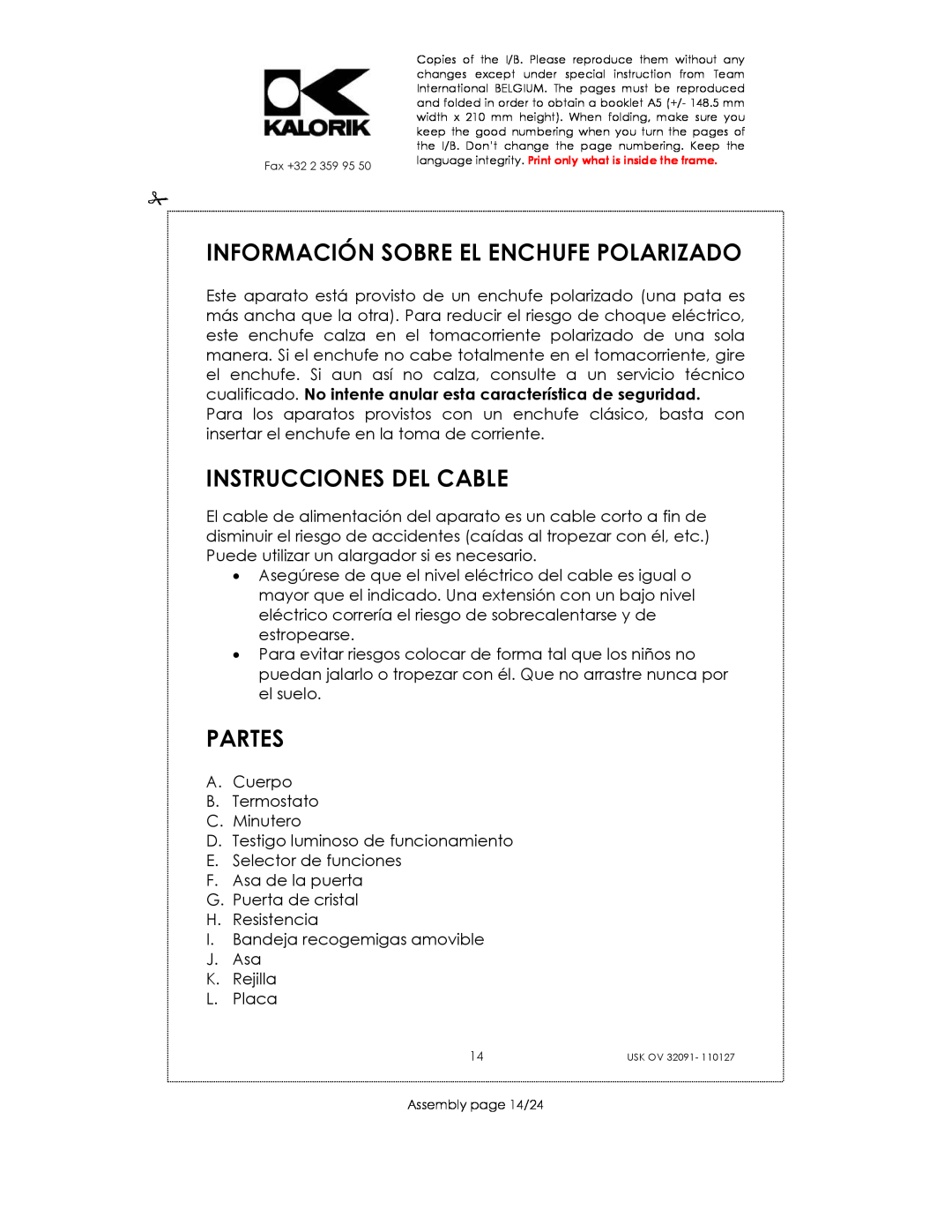 Kalorik USK OV 32091 manual Información Sobre El Enchufe Polarizado, Instrucciones Del Cable, Partes 
