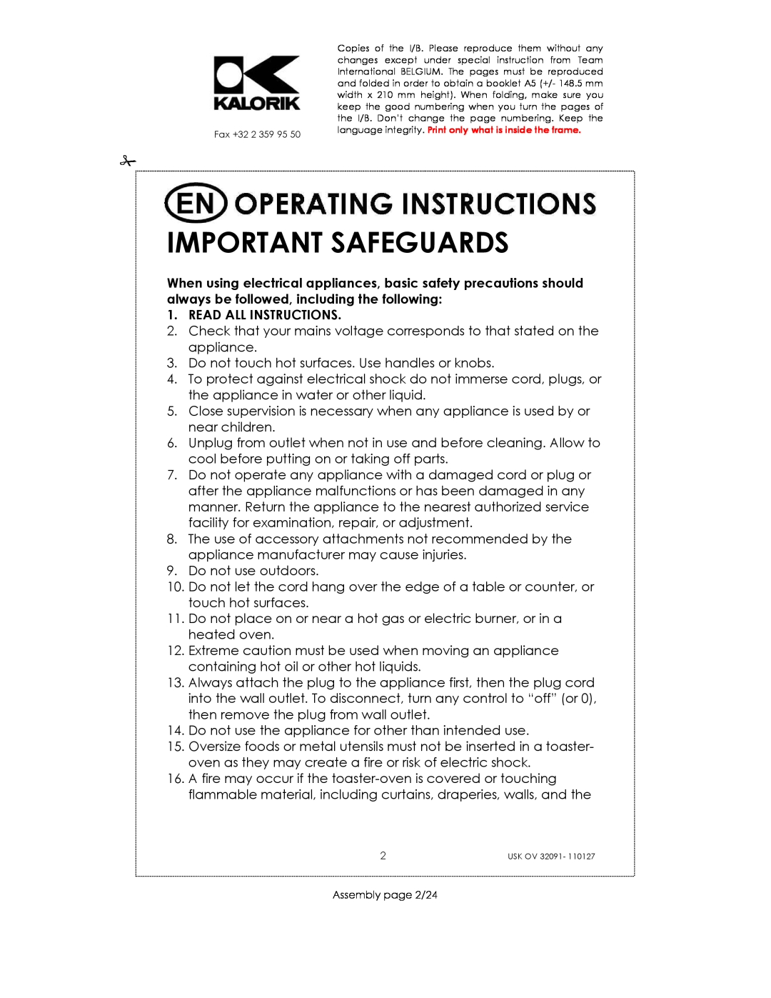 Kalorik USK OV 32091 manual Important Safeguards, Read All Instructions 