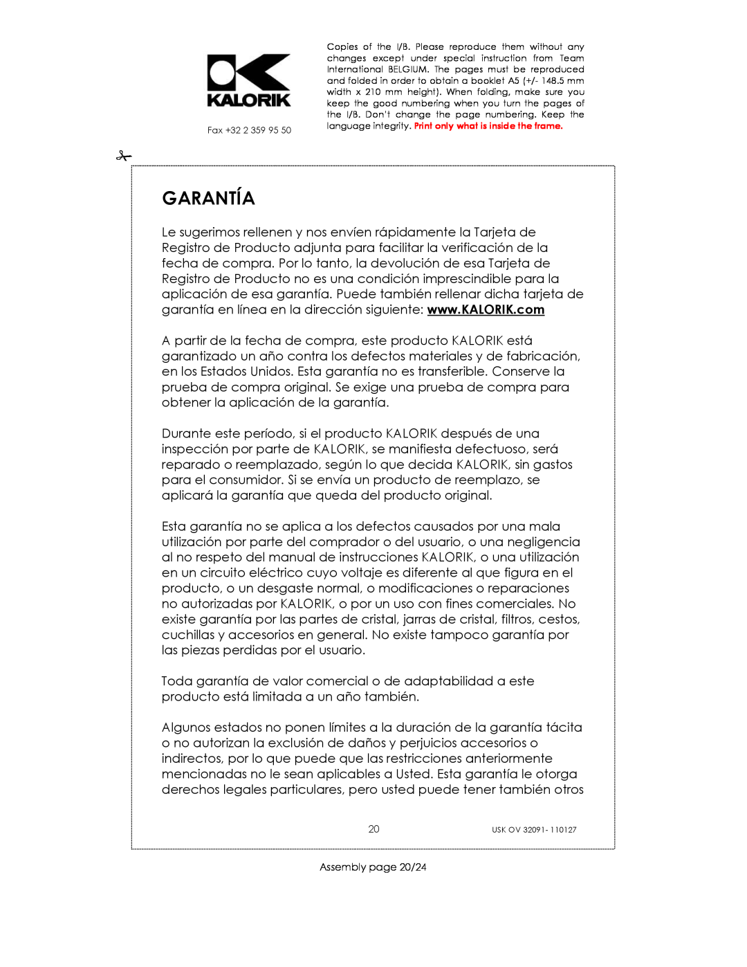 Kalorik USK OV 32091 manual Garantía, Assembly page 20/24 