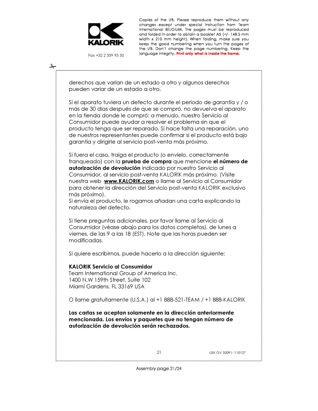 Kalorik USK OV 32091 manual KALORIK Servicio al Consumidor, Assembly page 21/24 