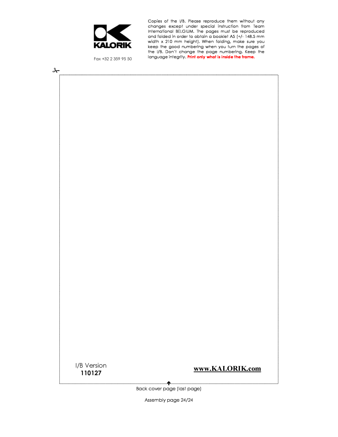 Kalorik USK OV 32091 manual I/B Version, 110127, Back cover page last page, Assembly page 24/24 
