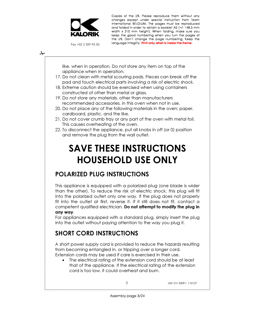 Kalorik USK OV 32091 Save These Instructions Household Use Only, Polarized Plug Instructions, Short Cord Instructions 