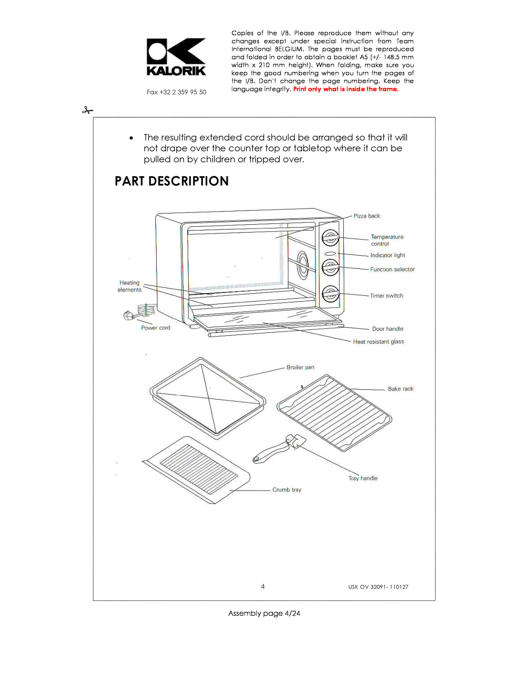 Kalorik USK OV 32091 manual Part Description, Assembly page 4/24, language integrity. Print only what is inside the frame 