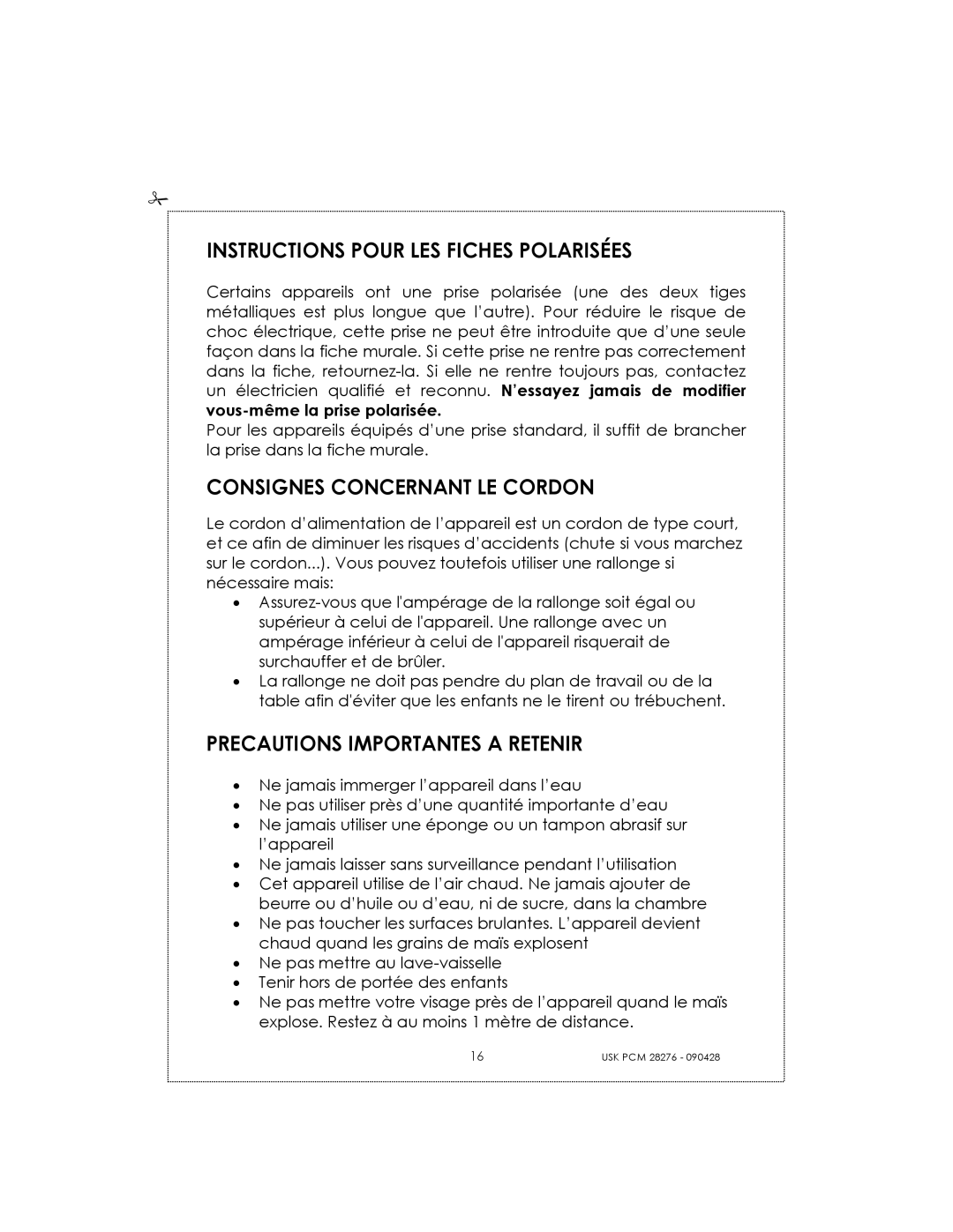 Kalorik USK PCM 28276 manual Instructions Pour LES Fiches Polarisées, Consignes Concernant LE Cordon 