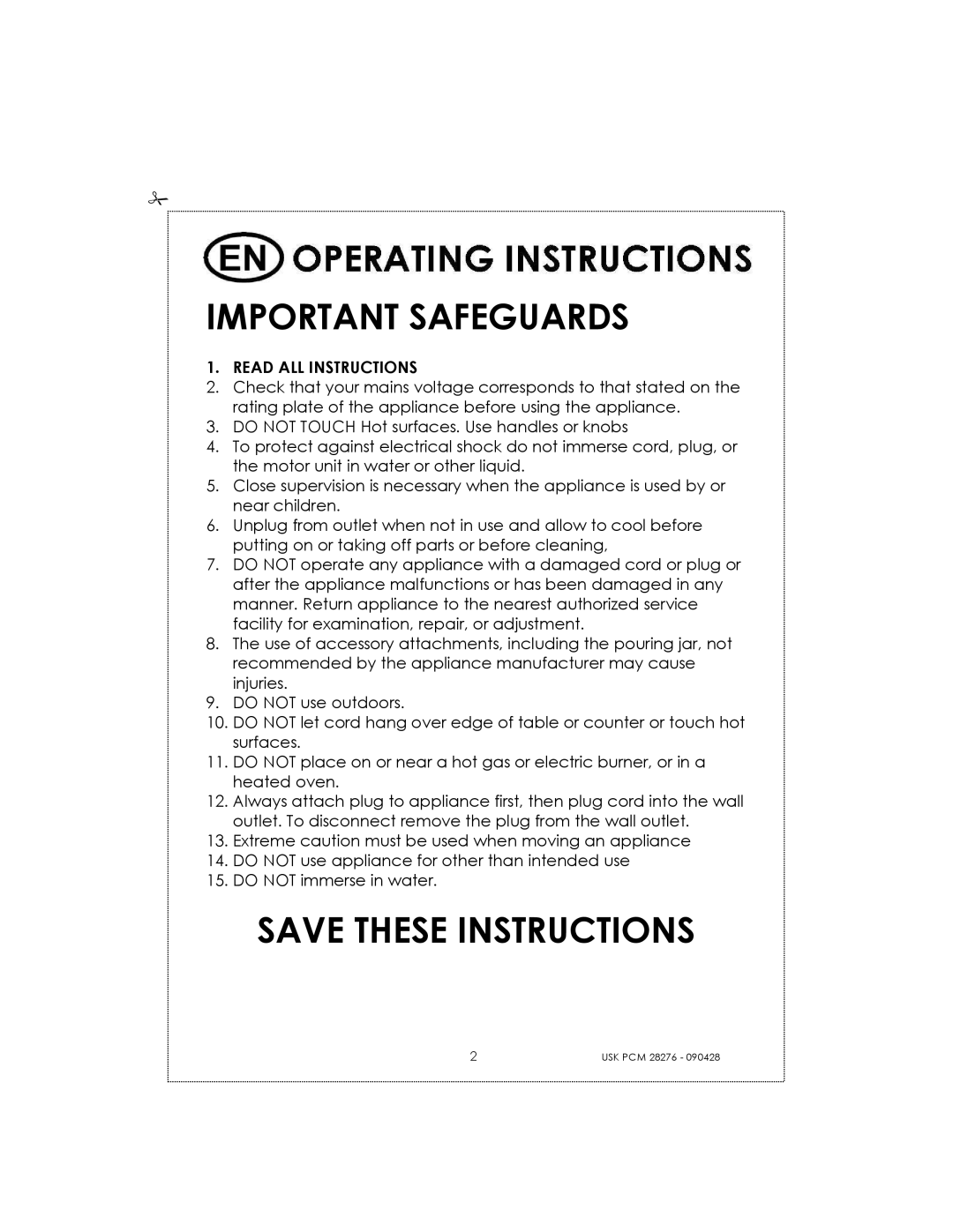 Kalorik USK PCM 28276 manual Important Safeguards, Read ALL Instructions 