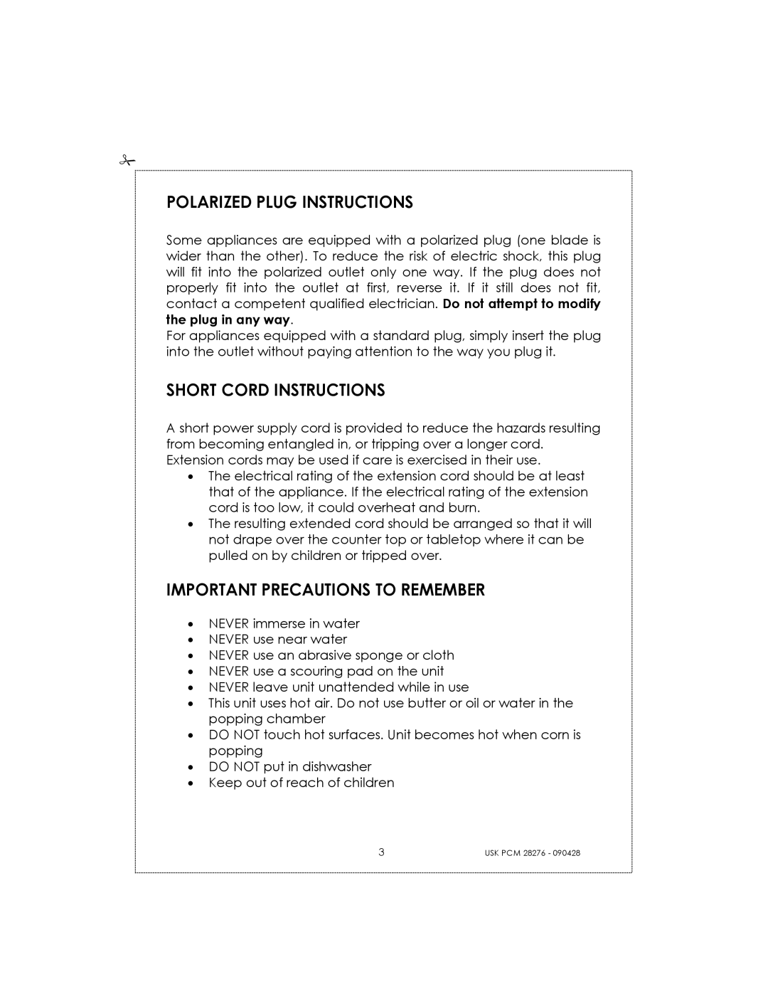 Kalorik USK PCM 28276 manual Polarized Plug Instructions, Short Cord Instructions, Important Precautions to Remember 