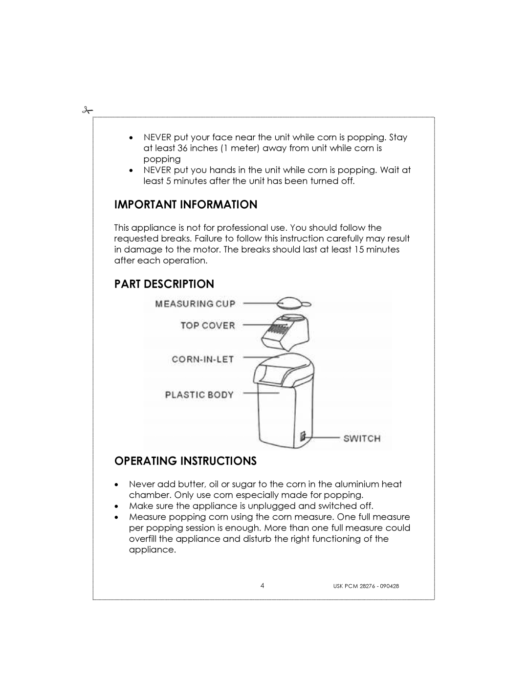 Kalorik USK PCM 28276 manual Important Information, Part Description Operating Instructions 