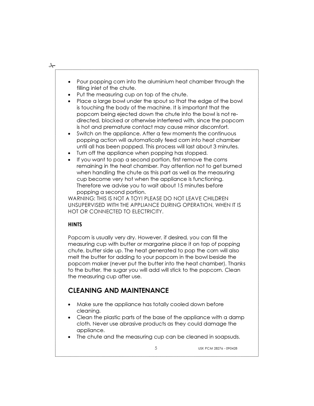 Kalorik USK PCM 28276 manual Cleaning and Maintenance, Hints 