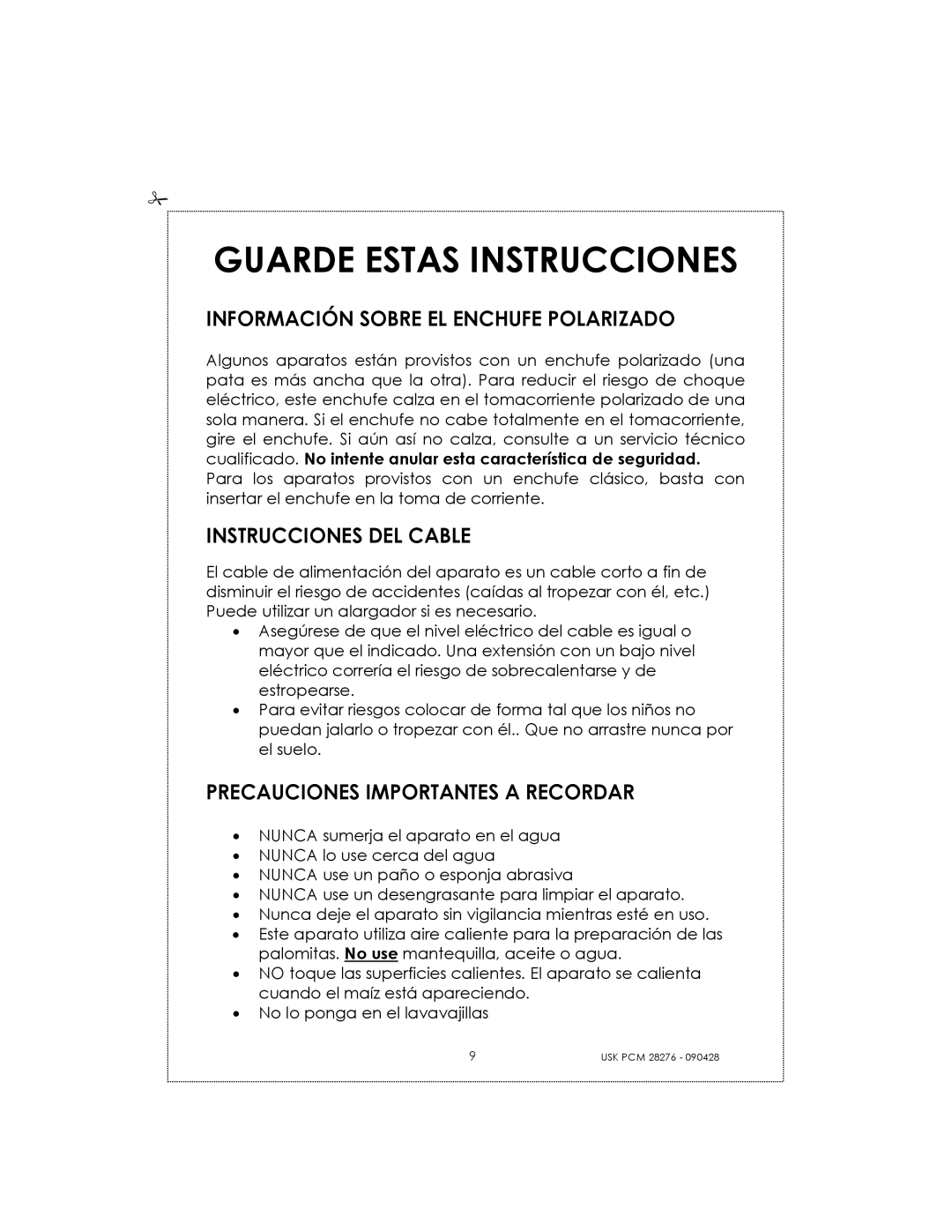 Kalorik USK PCM 28276 manual Guarde Estas Instrucciones, Información Sobre EL Enchufe Polarizado, Instrucciones DEL Cable 