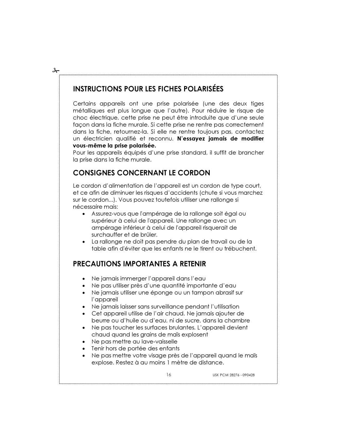 Kalorik USK PCM 28276 manual Instructions Pour Les Fiches Polarisées, Consignes Concernant Le Cordon 
