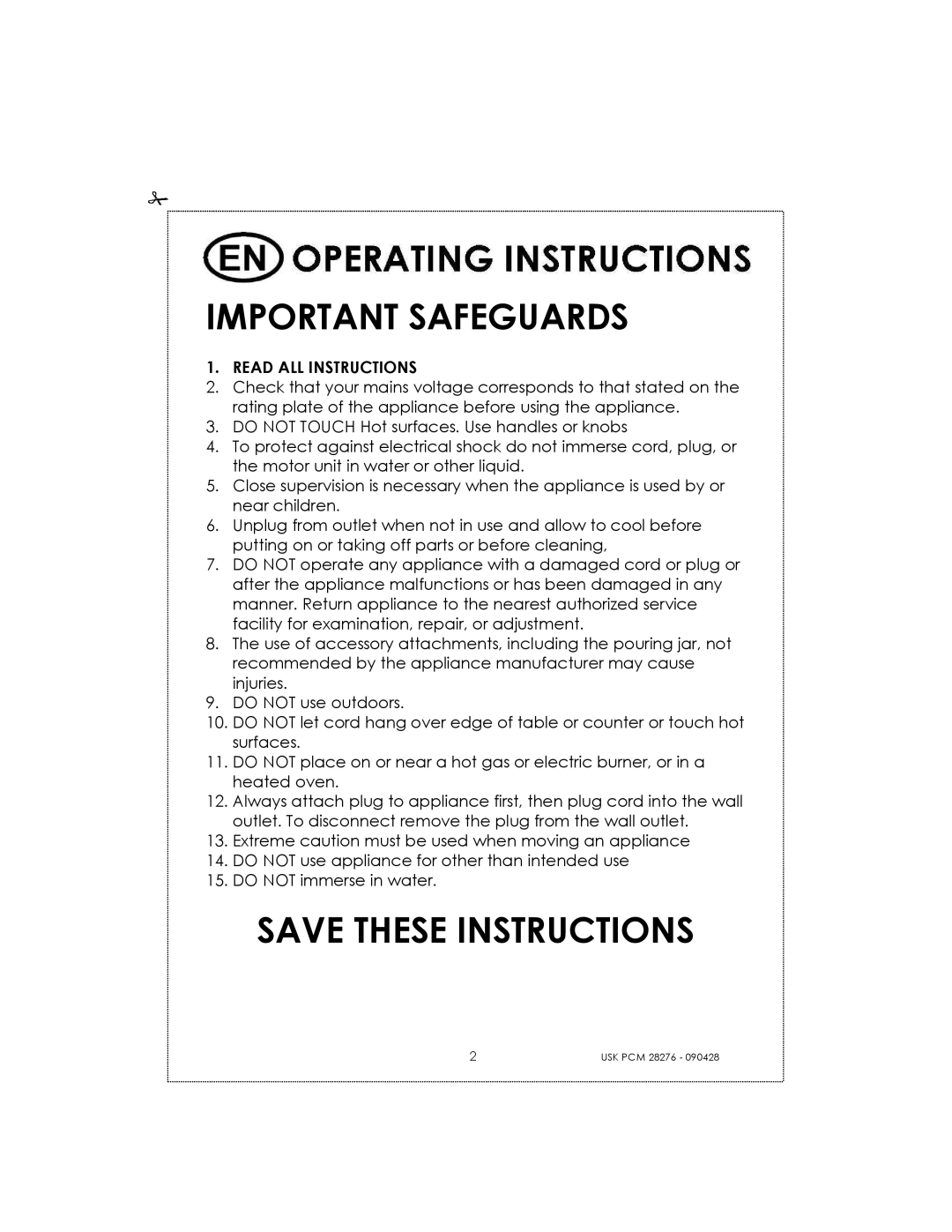 Kalorik USK PCM 28276 manual Important Safeguards, Save These Instructions 