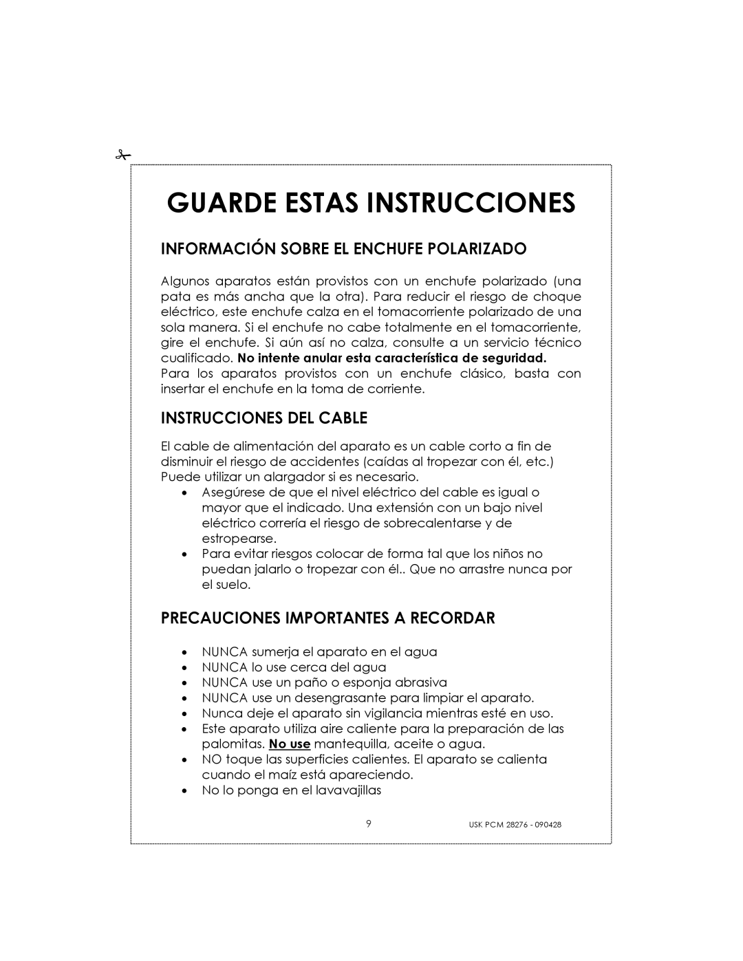 Kalorik USK PCM 28276 manual Guarde Estas Instrucciones, Información Sobre El Enchufe Polarizado, Instrucciones Del Cable 