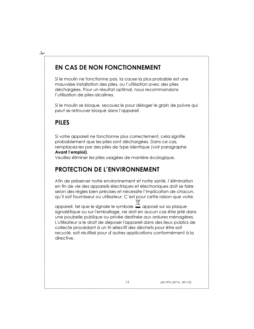 Kalorik USK PPG 25714 manual EN CAS DE NON Fonctionnement, Piles, Protection DE L’ENVIRONNEMENT 