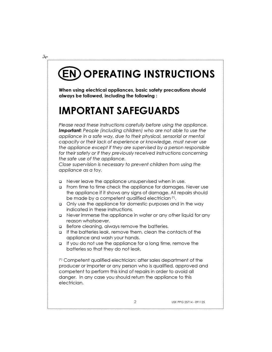 Kalorik USK PPG 25714 manual Important Safeguards 