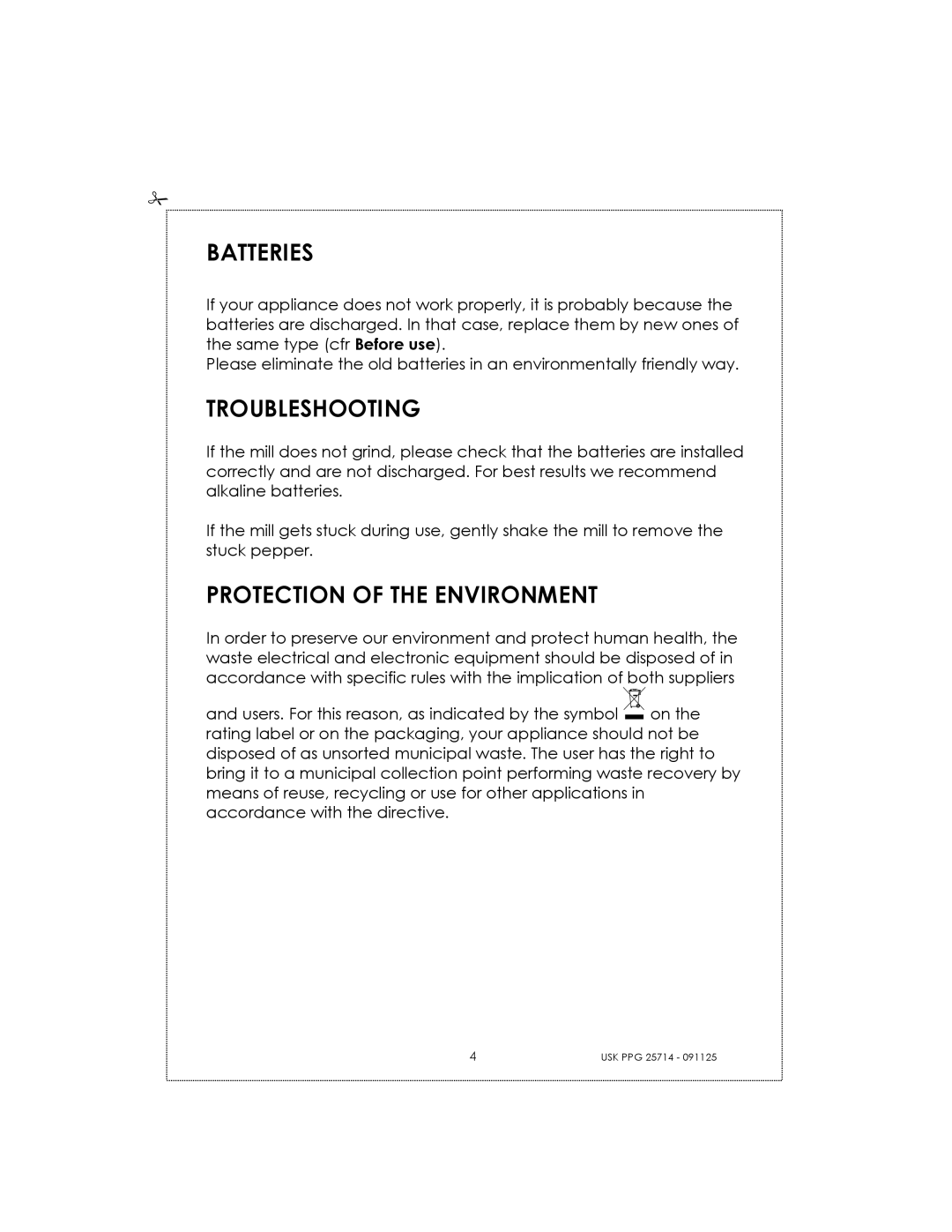 Kalorik USK PPG 25714 manual Batteries, Troubleshooting, Protection of the Environment 