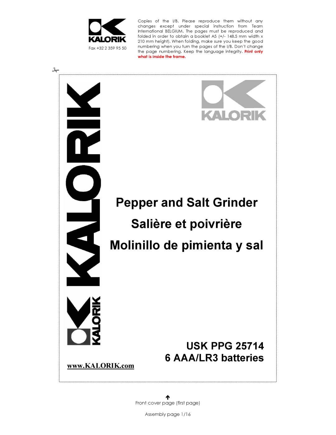 Kalorik manual USK PPG 25714 6 AAA/LR3 batteries, Front cover page first Assembly page 1/16 