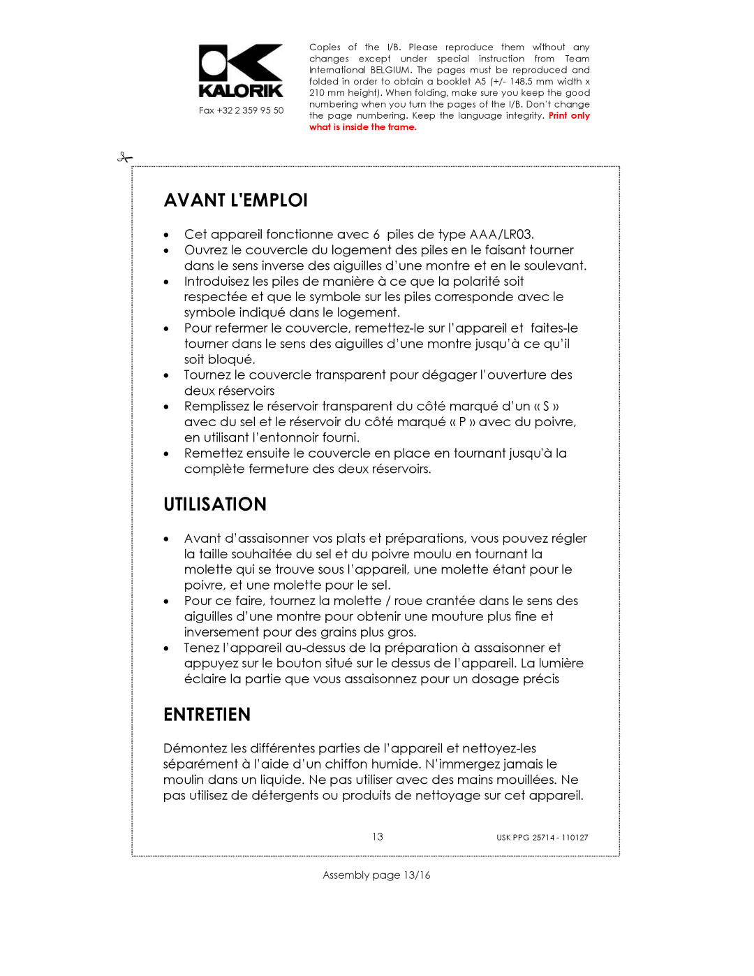 Kalorik USK PPG 25714 manual Avant Lemploi, Utilisation, Entretien, Assembly page 13/16 