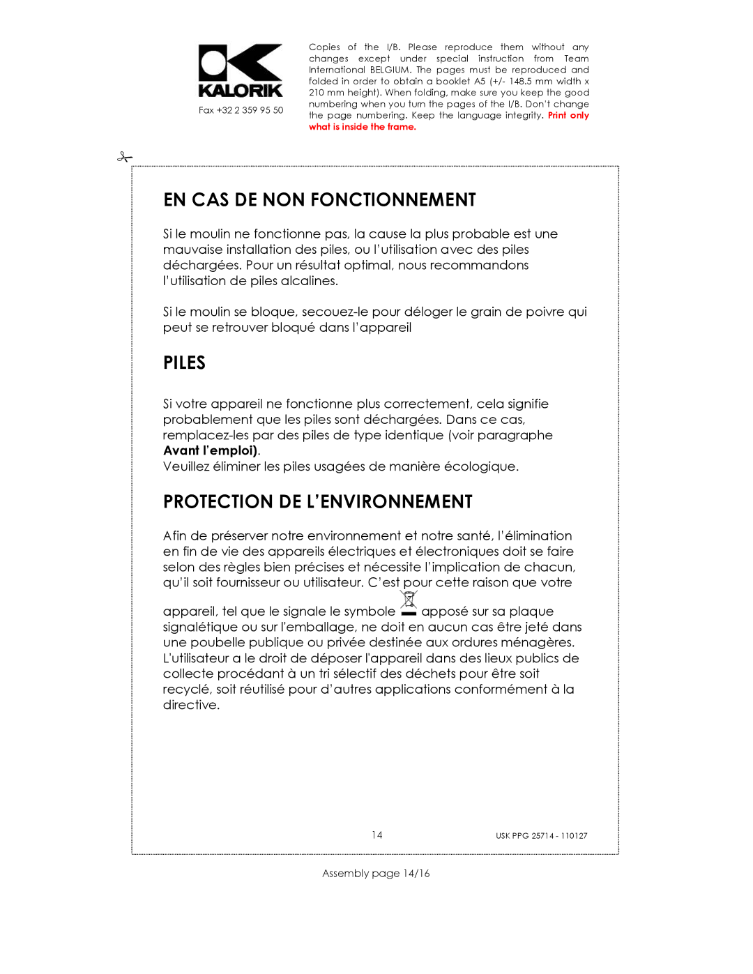 Kalorik USK PPG 25714 manual EN CAS DE NON Fonctionnement, Piles, Protection DE L’ENVIRONNEMENT, Assembly page 14/16 