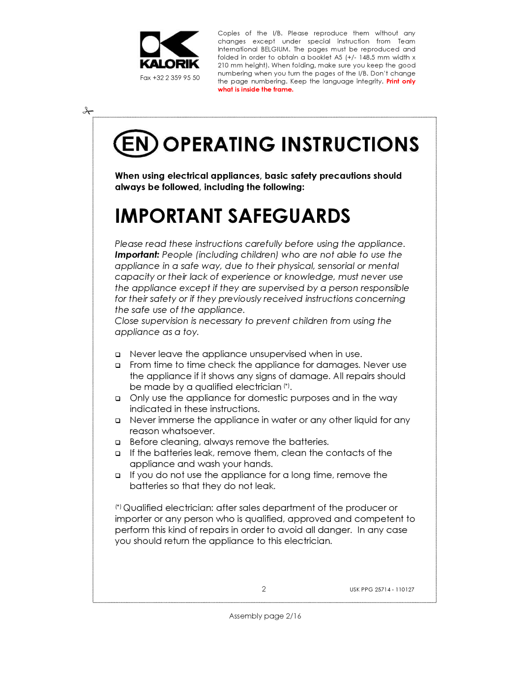 Kalorik USK PPG 25714 manual Important Safeguards, Assembly page 2/16 