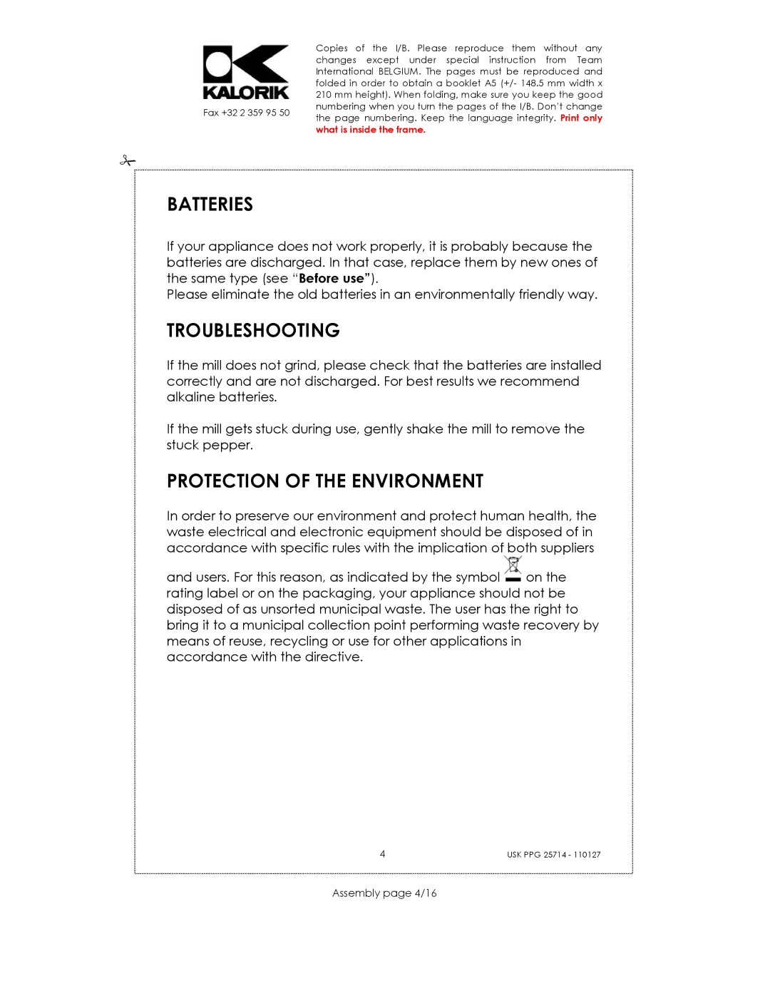 Kalorik USK PPG 25714 manual Batteries, Troubleshooting, Protection of the Environment, Assembly page 4/16 