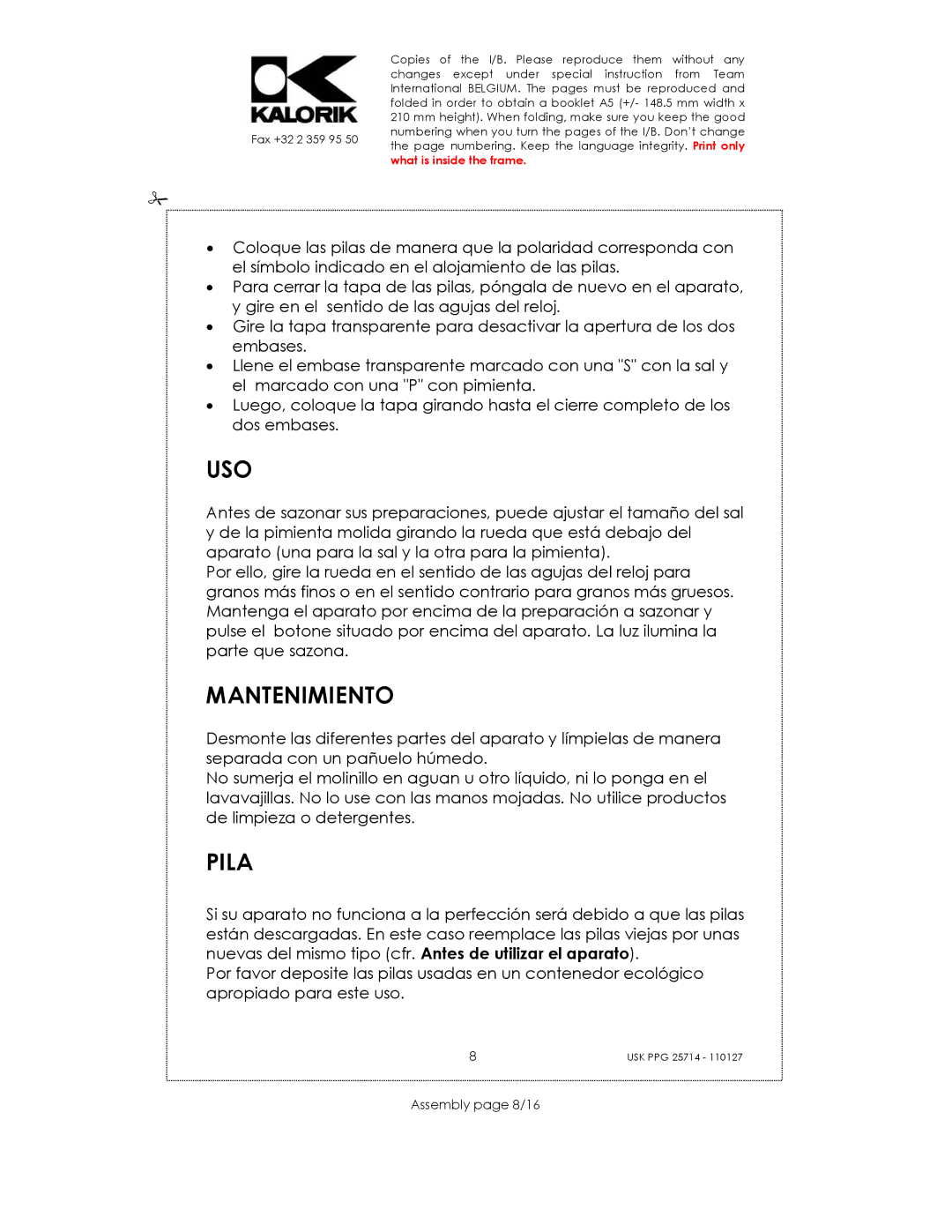 Kalorik USK PPG 25714 manual Uso, Mantenimiento, Pila, Assembly page 8/16 