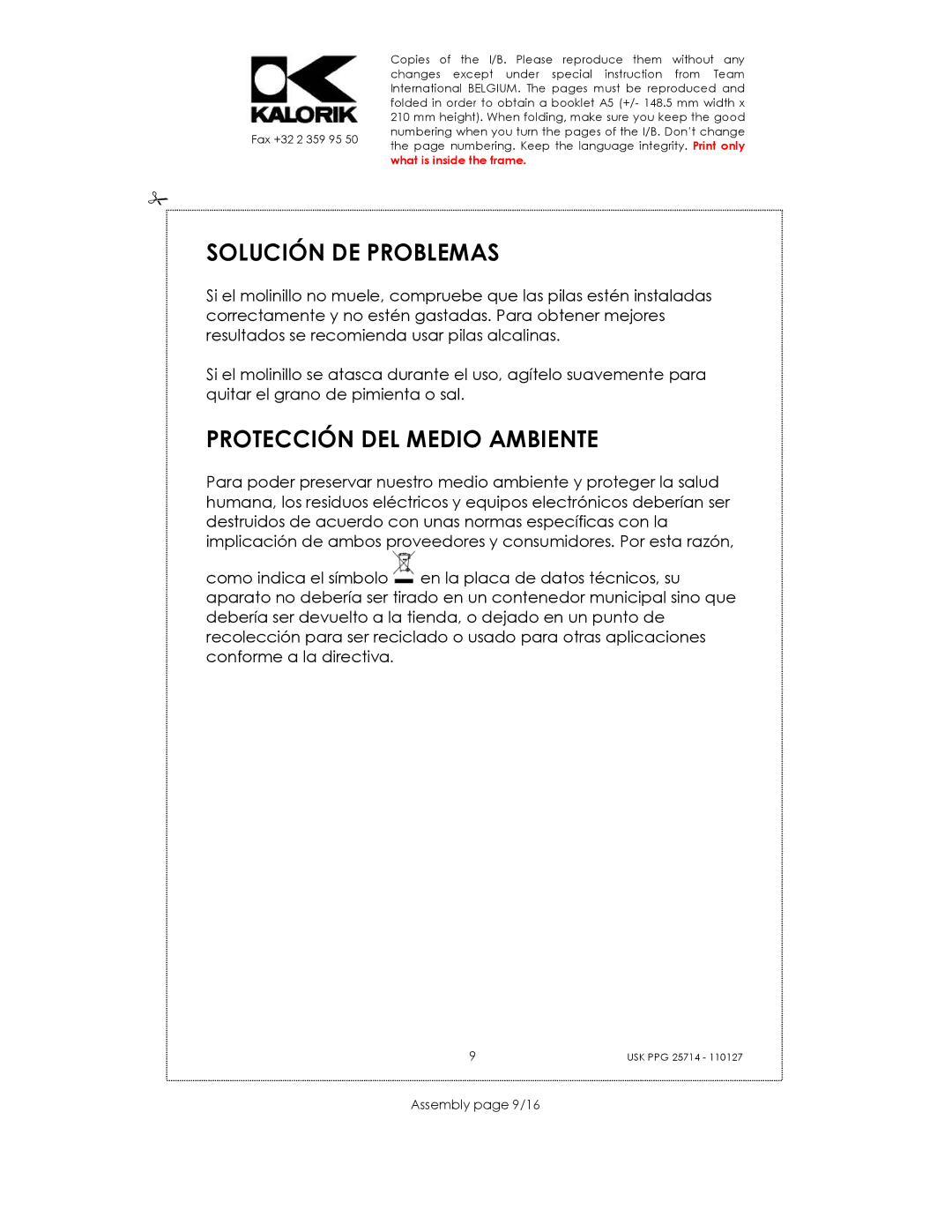 Kalorik USK PPG 25714 manual Solución DE Problemas, Protección DEL Medio Ambiente, Assembly page 9/16 