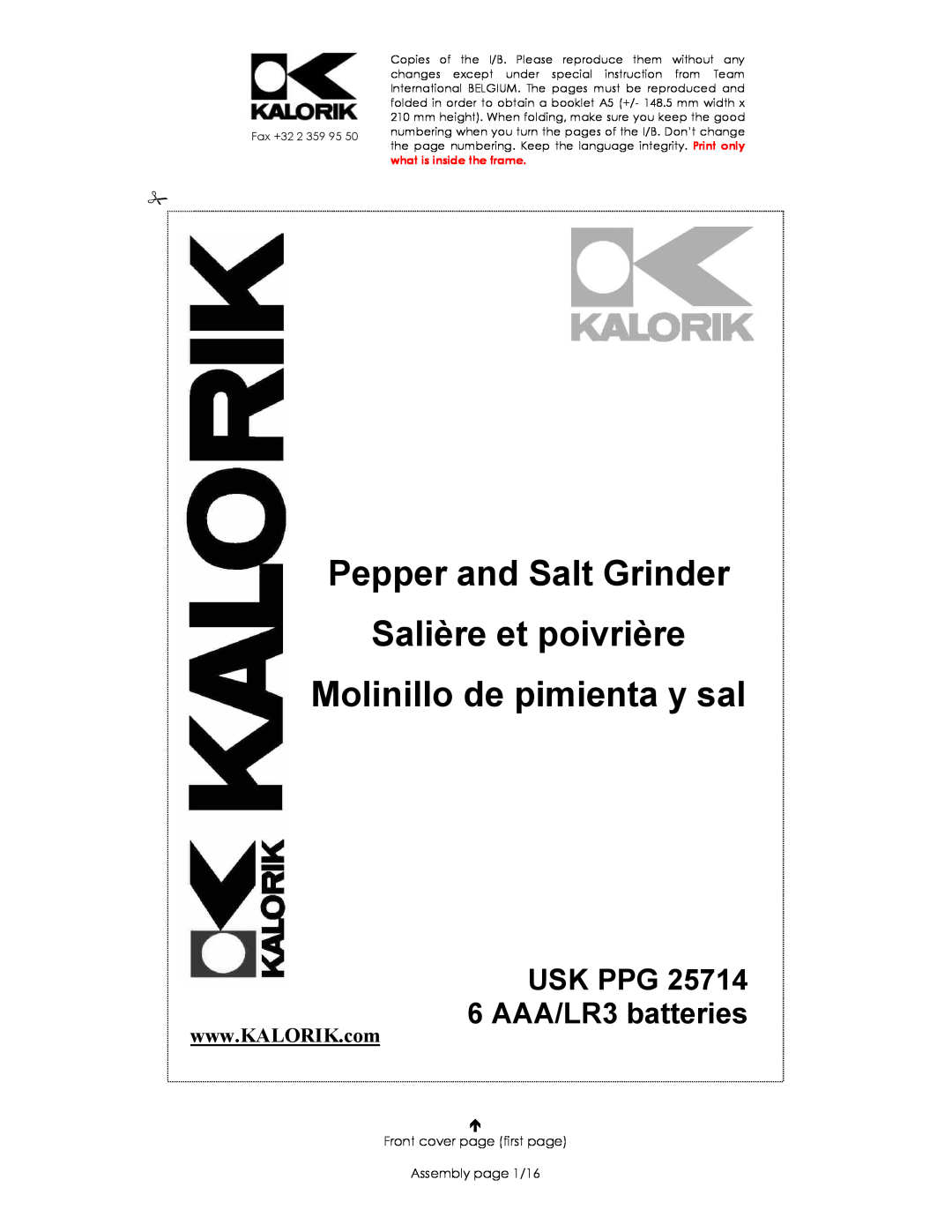 Kalorik USK PPG 25714 manual Pepper and Salt Grinder Salière et poivrière, Molinillo de pimienta y sal, Usk Ppg 