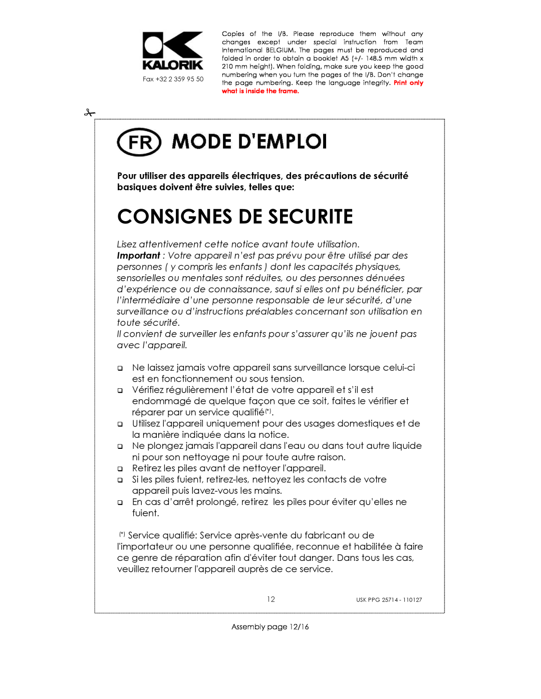 Kalorik USK PPG 25714 manual Consignes De Securite 