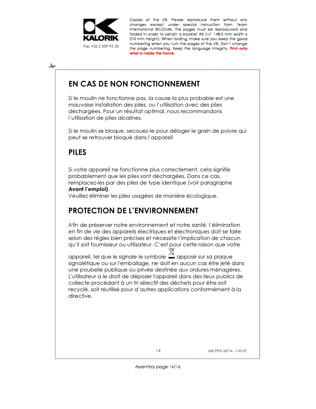 Kalorik USK PPG 25714 manual En Cas De Non Fonctionnement, Piles, Protection De L’Environnement 