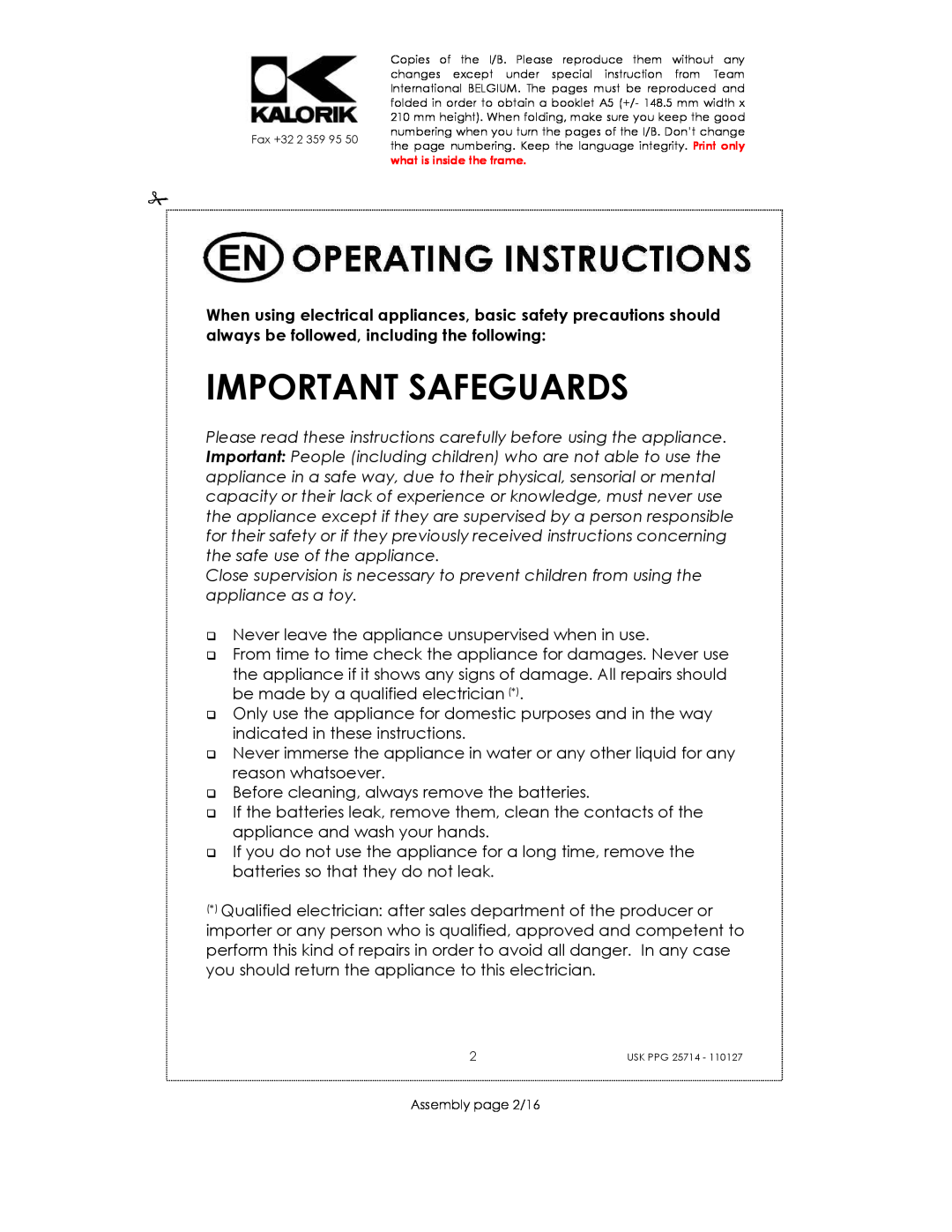 Kalorik USK PPG 25714 manual Important Safeguards 